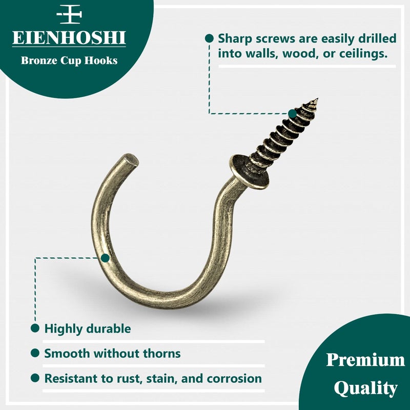 EIENHOSHI 105 Pcs Screw Hooks, 6 Sizes Bronze Cup Hooks, Screw Hooks for Hanging, Metal Cup Hooks Screw in (1/2", 5/8", 3/4", 7/8", 1'', 1-1/4") - Image 3